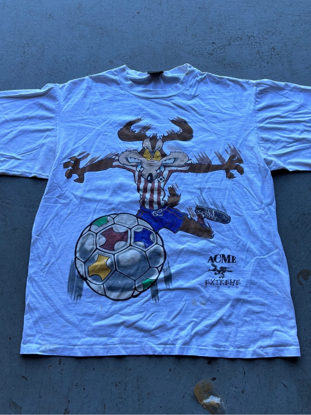 ACME White Men's Graphic Soccer Cartoon Tee